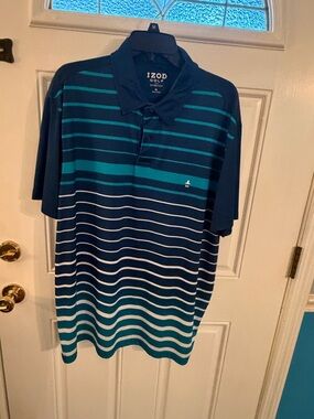 Izod Men’s Navy and Teal Striped Golf Polo